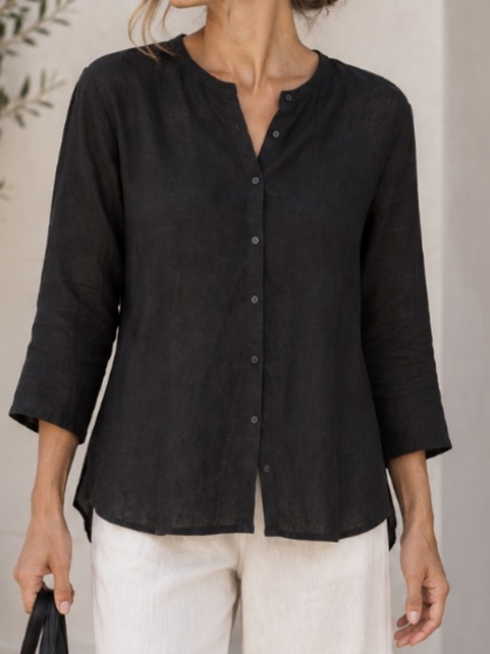 Eileen Fisher Linen Cotton Blend Black Button-Front Linen Shirt